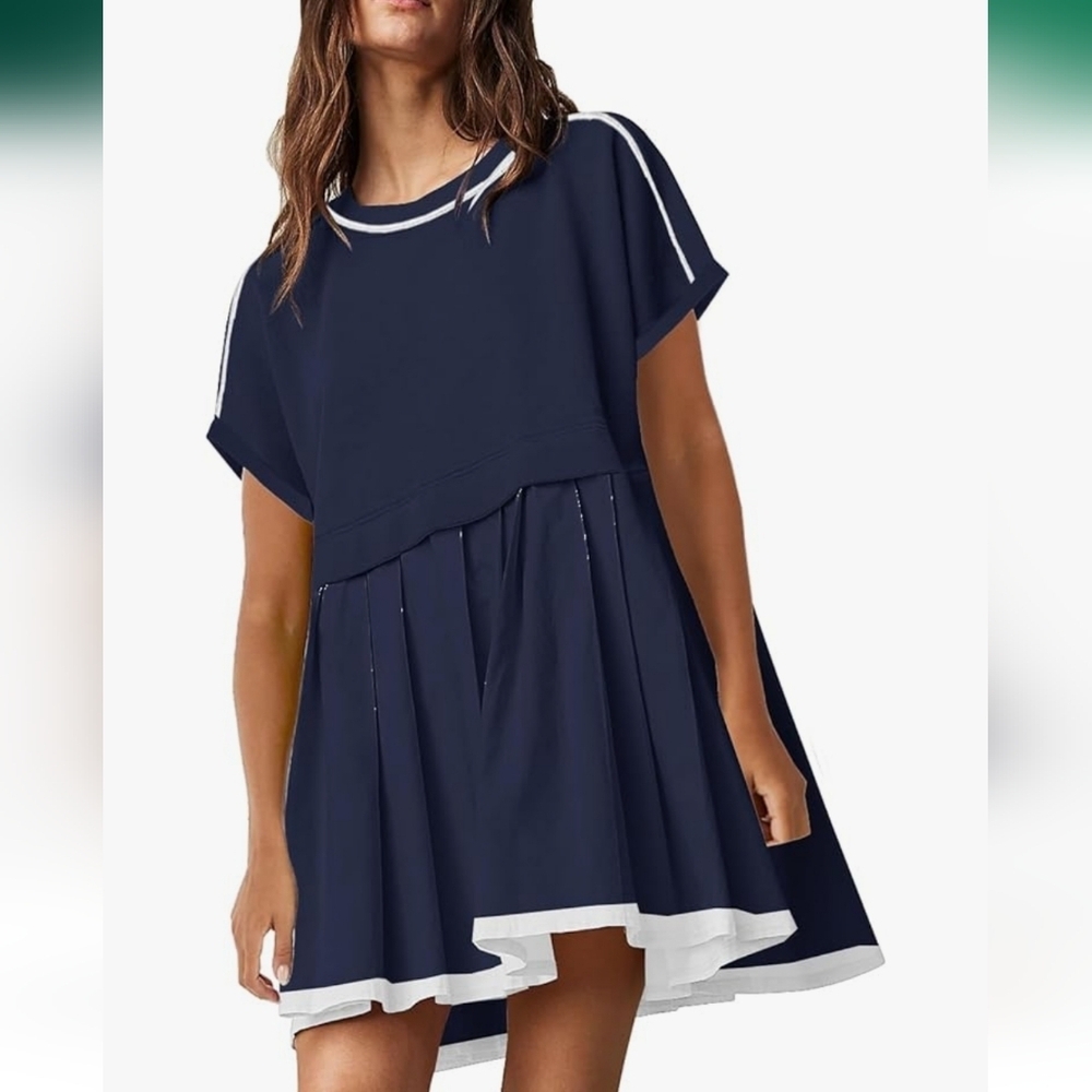 Casual Short Sleeve Crewneck T Shirt Dress Flowy Pleated Mini Dress - Picture 2 of 5